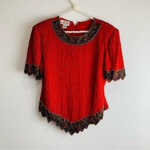 Vintage Laurence Kazar Paris New York Silk Beaded Holiday Blouse Red Sequin L